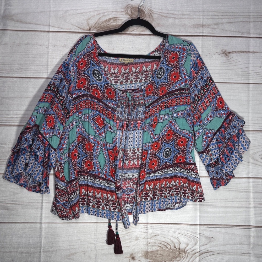 Democracy Womens 2X Boho Paisley Ruffle Bell Sleeve Tie Front Cardigan Top